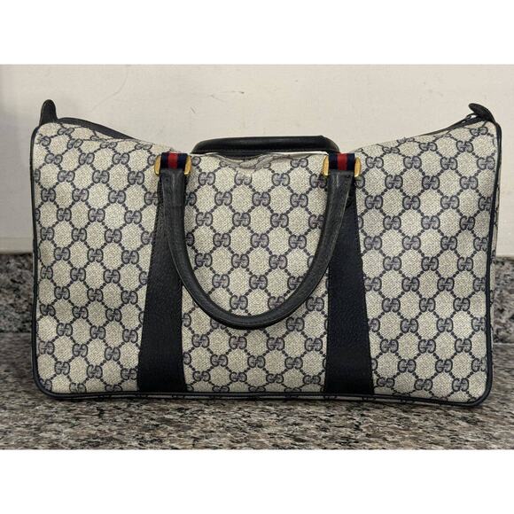Gucci GG Supreme Vintage Boston Bag Web Stripe Accent Navy - 335049